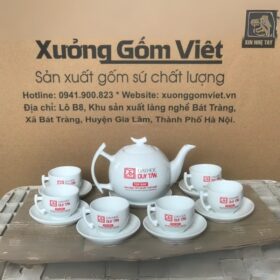 Bộ ấm chén in logo dáng bưởi cành màu trắng XG-AC56