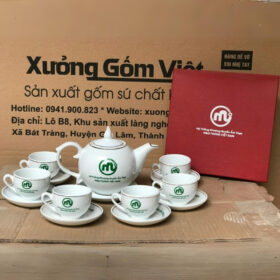 Bộ ấm chén in logo dáng bưởi lửa màu trắng viền kim XG-AC71