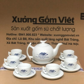 Bộ ấm chén in logo kỷ niệm thành lập dáng bưởi cành màu trắng XG-AC53