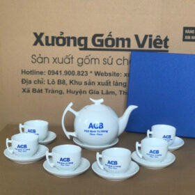 Bộ ấm chén in logo dáng bưởi cành màu trắng XG-AC54