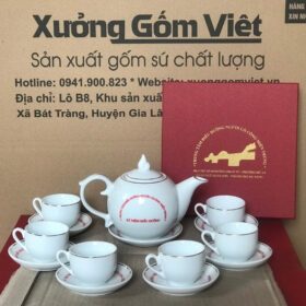 Bộ ấm chén in logo dáng bưởi lửa màu trắng viền kim XG-AC55