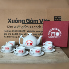 Bộ ấm chén in logo dáng bưởi cành màu trắng XG-AC90