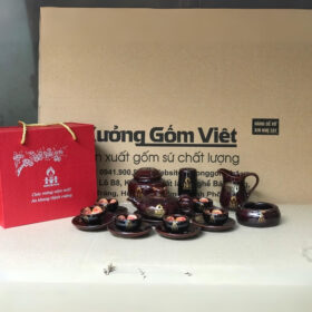 Bộ ấm chén in logo men hoa biển màu nâu XG-AC91