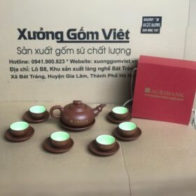 Bộ ấm chén tử sa in logo dáng lùn màu đất đỏ XG-AC58