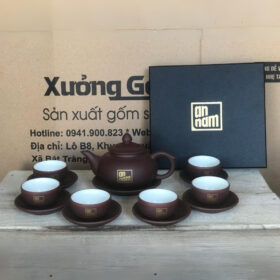 Bộ ấm chén tử sa in logo dáng bầu tròn mầu đất XG-AC92
