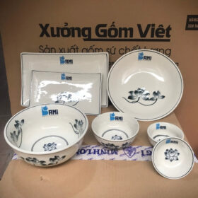 Bộ bát đĩa 7 món in logo AMI màu kem họa tiết sen đen XG-BD37