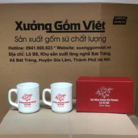 Cốc sứ in logo Hội Đồng Hương Hải Phương tại Hà Nội dáng trụ có quai màu trắng XG-LS113