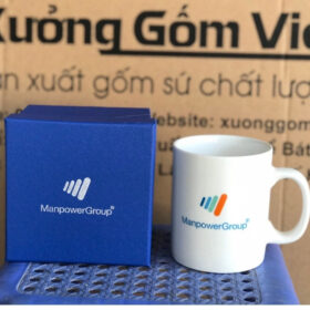 Cốc sứ in logo The Future of Work dáng trụ cao có quai C màu trắng XG-LS146