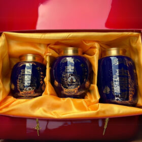 Bộ 3 hũ đựng trà in logo ky niệm ngày truyền thống ngành kiểm tra dáng men xanh dương XG - HDT01