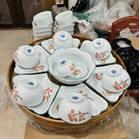 Bộ bát đĩa hoa mặt trời 15 món men trắng họa tiết sen hồng XG-BD41