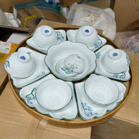 Bộ bát đĩa hoa mặt trời 15 món men trắng họa tiết sen xanh XG-BD42