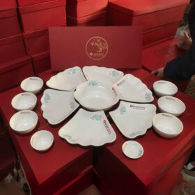 Bộ bát đĩa hoa mặt trời kaiyokukan hoạt tiết hoa sen xanh XG-BD44