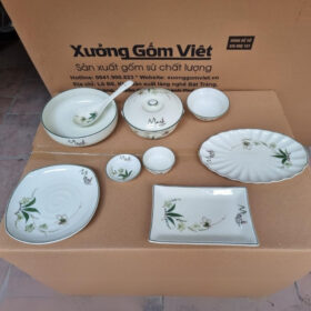 Bộ bát đĩa in logo Mành họa tiết trúc xanh men trắng XG-BD46