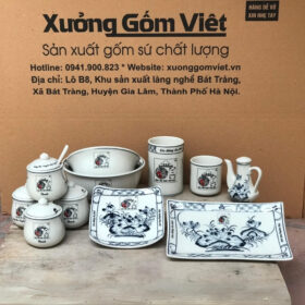 Bộ tô đĩa in logo phở gia truyền 1954 họa tiết hoa sen men đen XG-BD47