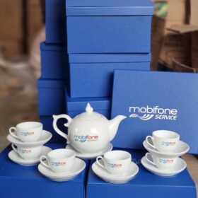 Bộ ấm chén in logo dáng bưởi lửa màu trắng XG-AC99