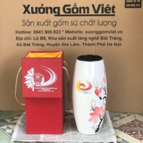 Lọ hoa in logo đại hội dáng bom màu trắng họa tiết hoa đào XG-LH52