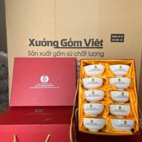 Bộ 10 bát cơm gốm sứ Bát Tràng in logo Liên đoàn lao động huyện Bù Đăng màu trắng XG-BC28