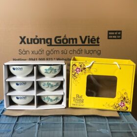Bộ 6 bát cơm gốm sứ Bát Tràng in logo GOVI men kem họa tiết hoa sen xanh XG-BC29