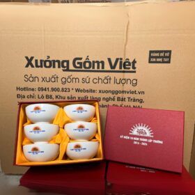 Bộ 6 bát cơm gốm sứ Bát Tràng in logo kỷ niệm 10 năm thành lập trường màu trắng XG-BC25