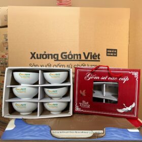 Bộ 6 bát cơm gốm sứ Bát Tràng in logo New Farm màu trắng XG-BC24