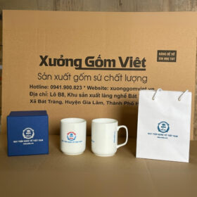 Cốc sứ Bát Tràng in logo Học viện kinh tế Việt Nam dáng trụ quai vuông màu trắng XG-LS211