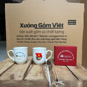 Cốc sứ Bát Tràng in logo tuyên dương khen thưởng học sinh giỏi VAECO dáng ngọn lửa không nắp có quai bán tim màu trắng XG-LS207