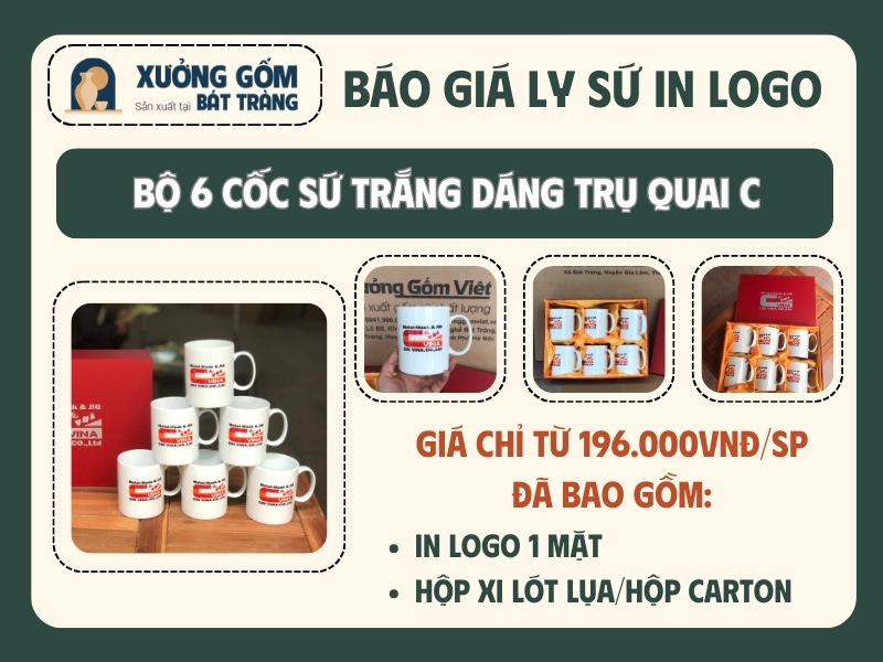 báo giá bộ 6 cốc sứ trắng dáng trụ quai C in logo