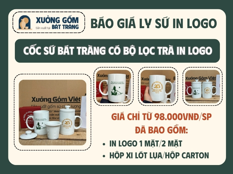 báo giá cốc sứ bát tràng có bộ lọc trà in logo