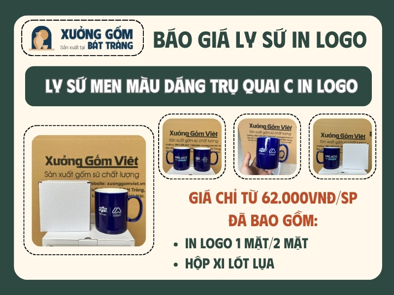 báo giá ly sứ men màu dáng trụ quai C in logo