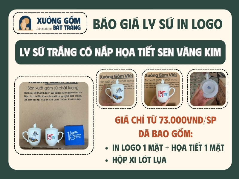 báo giá ly sứ trắng có nắp họa tiết sen vàng kim in logo