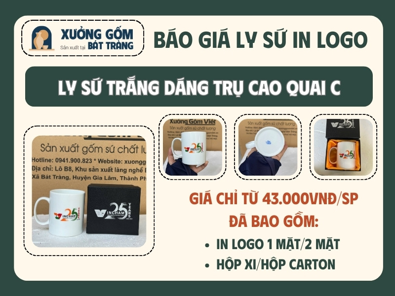 báo giá ly sứ trắng dáng trụ quai c in logo