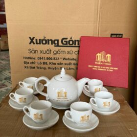 Bộ ấm chén gốm sứ Bát Tràng in logo màu trắng dáng bưởi lửa XG-AC116