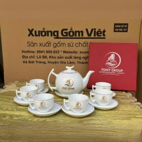 Bộ ấm chén gốm sứ Bát Tràng in logo màu trắng dáng bưởi cành XG-AC112