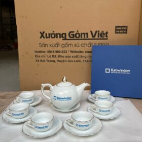 Bộ ấm chén gốm sứ Bát Tràng in logo màu trắng dáng bưởi lửa vẽ vàng kim XG-AC119