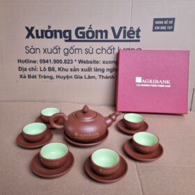 Bộ ấm chén tử sa Bát Tràng in logo ngân hàng màu nâu đất dáng bầu tròn XG-AC114